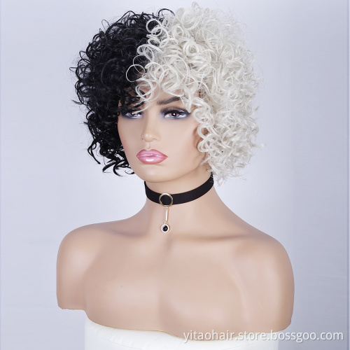 Wholesale Golden and Black Wigs Short Kinky Curly Synthetic Women's Hair Two-Color Half-Black Half-Gold Wig Cosplay Party
